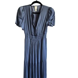 Joie Blue Pleated Maxi Dress with Puff Sleeves